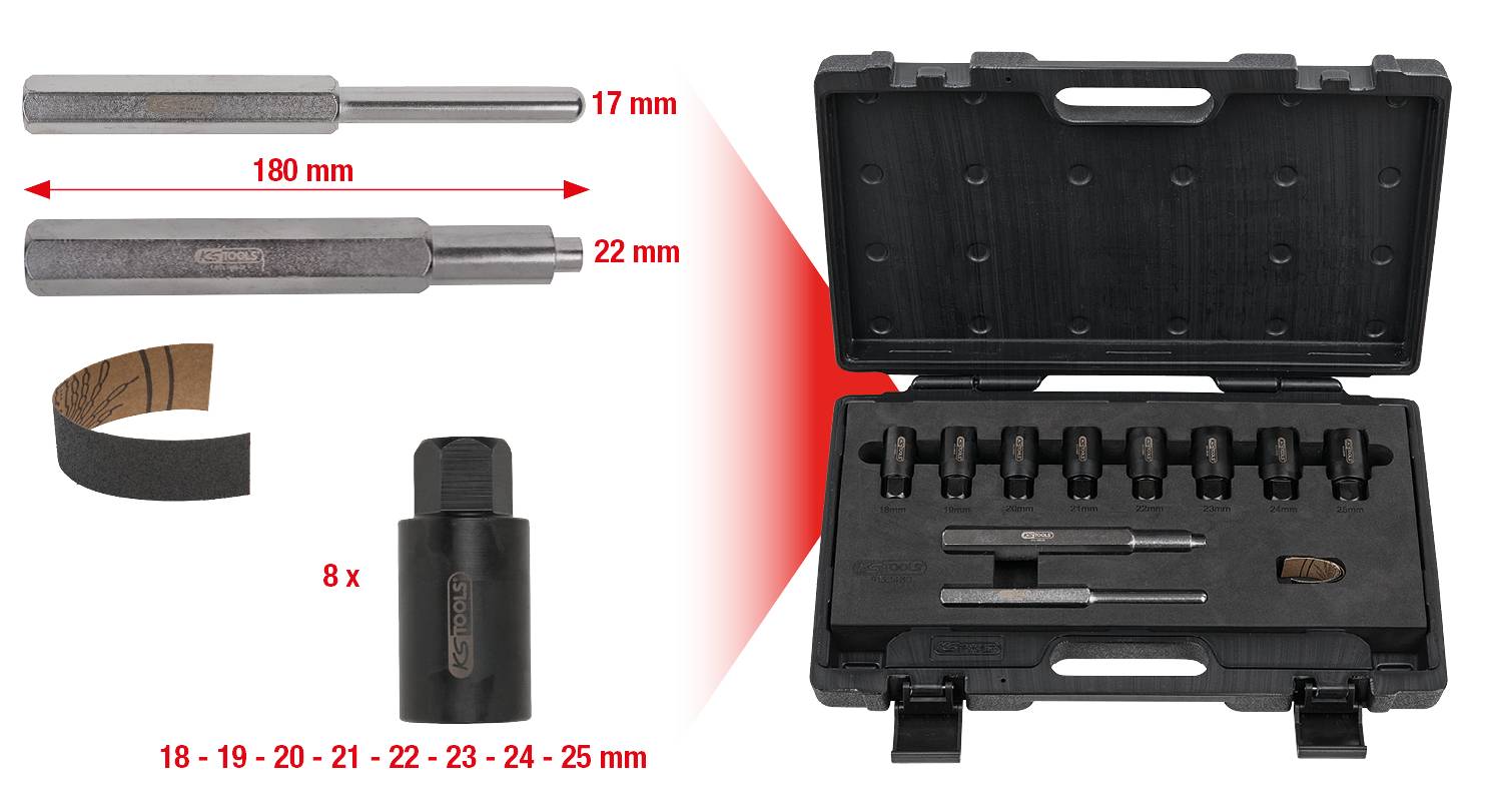 Set of tools in a black case, including 8 socket wrenches, sanding belt, and two hand tools in product view with dimensions.