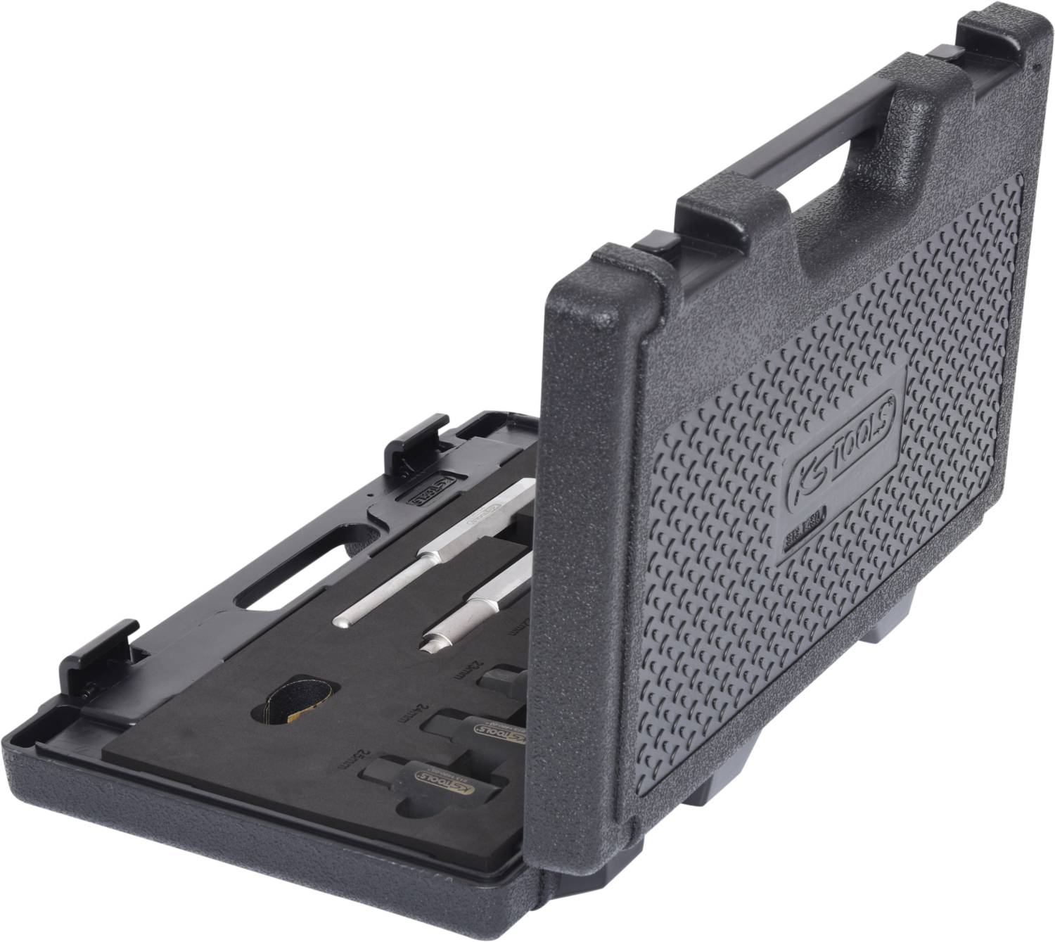 Black plastic tool case with tool insert, partially open. Contains precision tools, including a drill, in precision-fit holders.