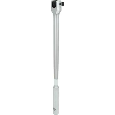 A long, silver tool with a movable head and a knurled handle, resembling a lever, is shown.