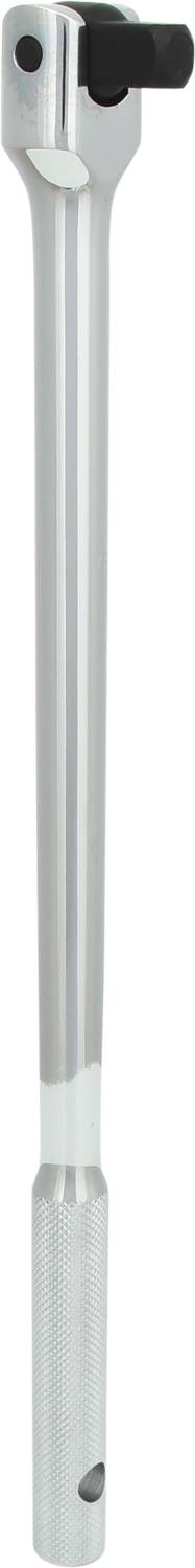 A silver torque wrench with a knurled handle and a black lever at the head for torque control.