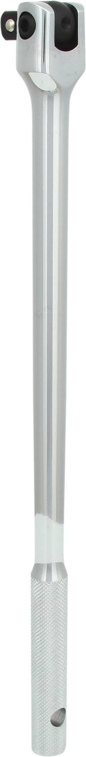 Silver-coloured steel ratchet with a ball joint head. Adjustable handle with a knurled surface for improved grip. Tool for mechanical work.