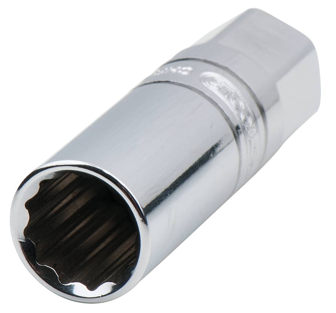 A chrome-plated socket attachment with twelve points, suitable for multi-tooth fasteners.