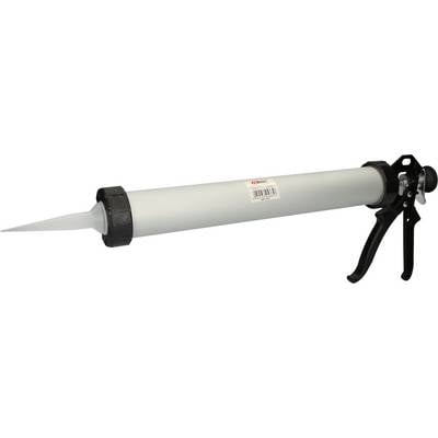 Sealant gun with a long, silver-coloured cylinder and black handle, used for precise application of sealants.