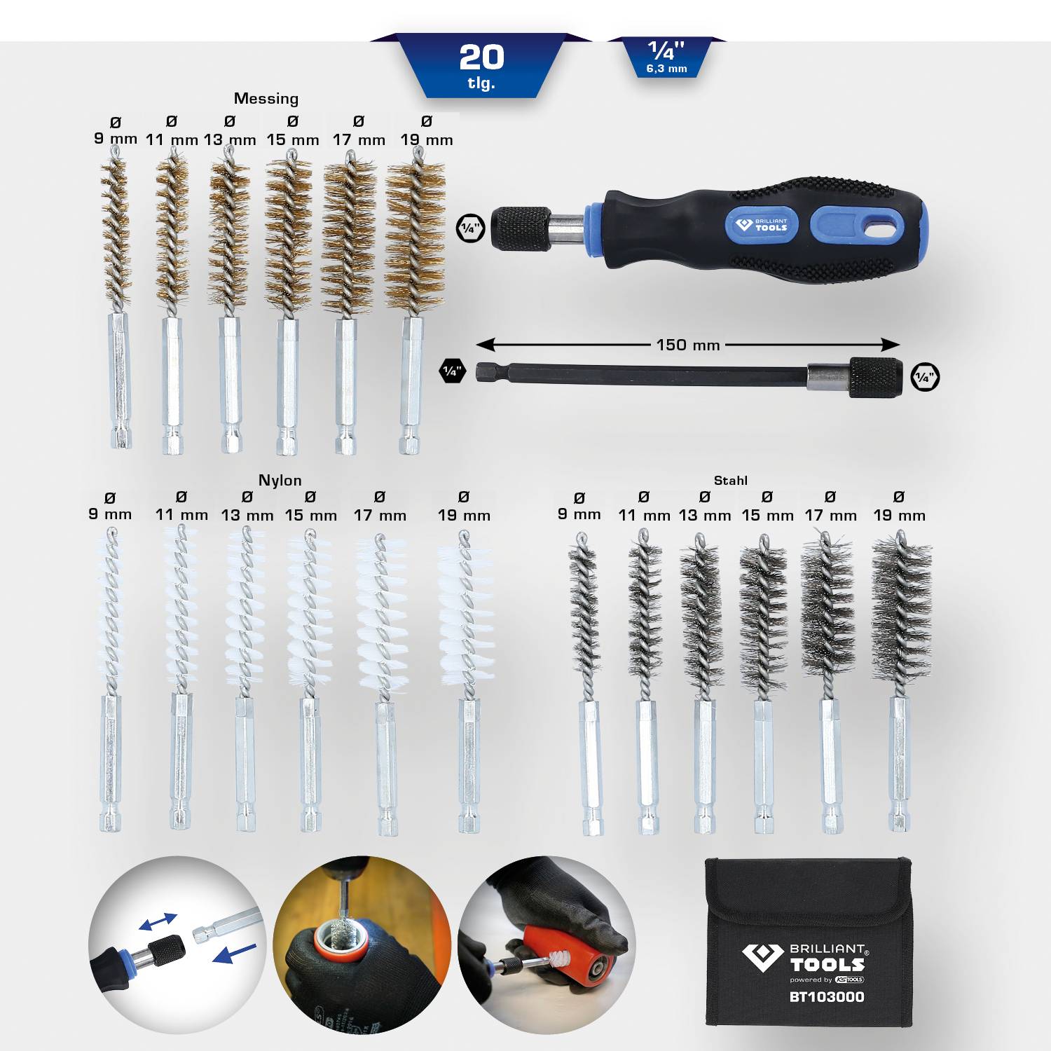 20-Piece Cleaning Brush Set with Brass and Nylon Brushes from Ø 9-19 mm. Includes 150 mm extension, carry case and accessories.