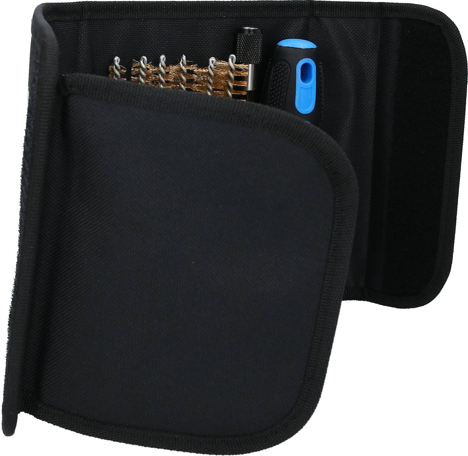 Black case with screwdriver set and blue handles. Contains various bits in ordered rows for versatile applications.