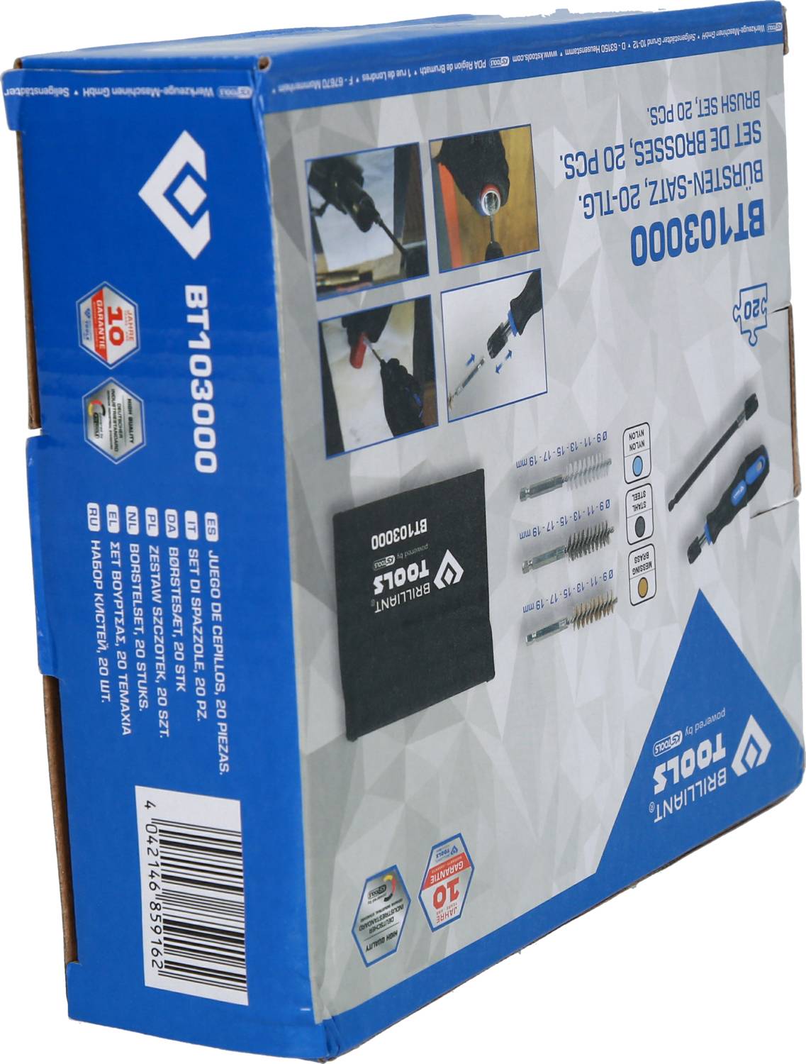 A blue packaging box for a screwdriver bit set by the brand Brilliant Tools, model BT103000, featuring photographs of the included tools.