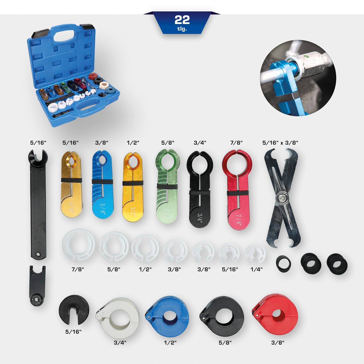 A 22-piece set of deburring tools and pipe cutters, colour-coded, for various pipe diameters.