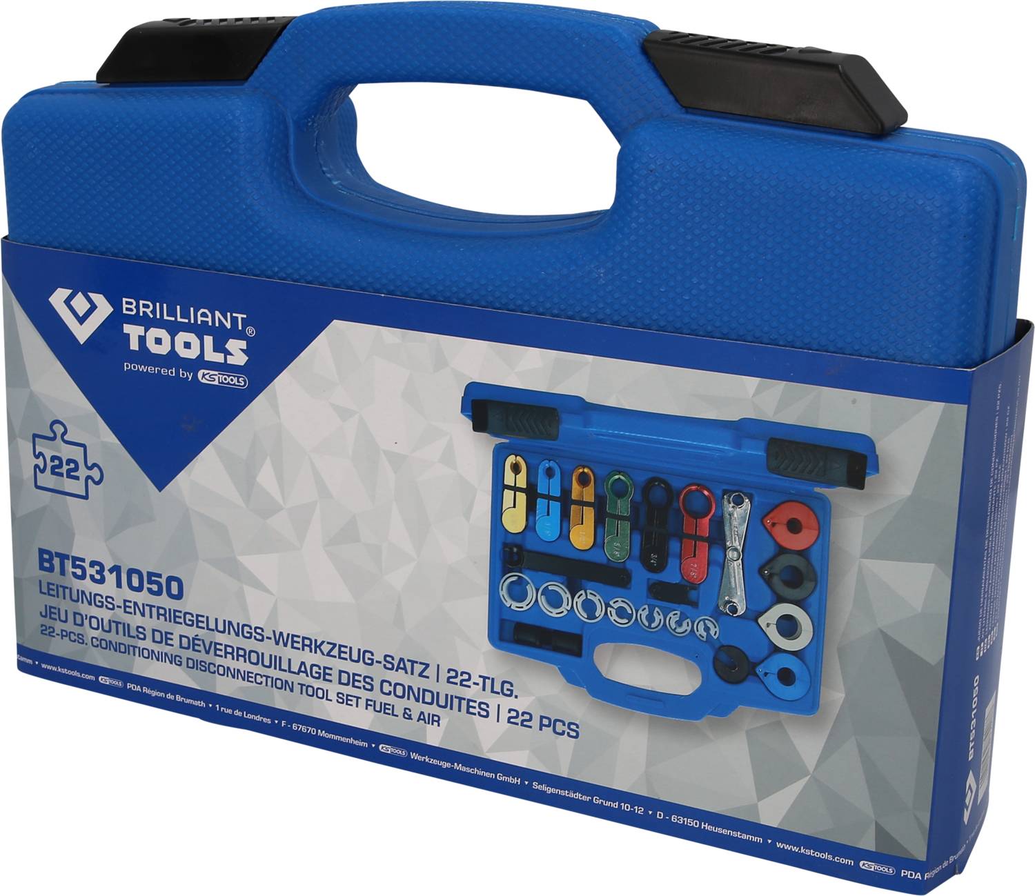 'Blue tool box by Brilliant Tools, 22-piece set for pipe blocking/unlocking, model number BT531050.'