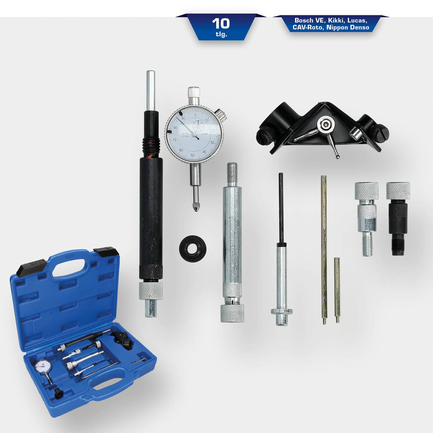 'Set of 10 tools for measuring and adjusting injection pumps: dial gauge, adapters, extensions and carrying case.'