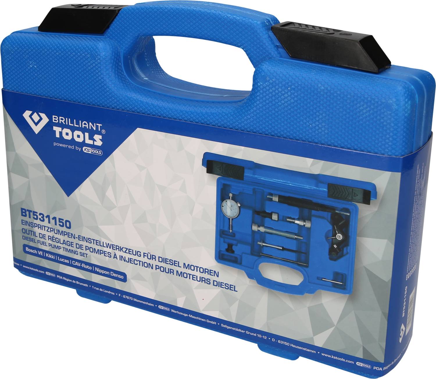 A blue tool case with the label 'Diesel Engine Injection Pump Adjustment Tool', revealing tools inside.