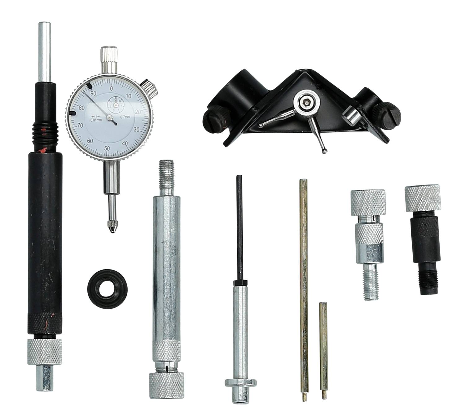 Various mechanical tools and a dial gauge are arranged on a white background. They form a precision measurement set.