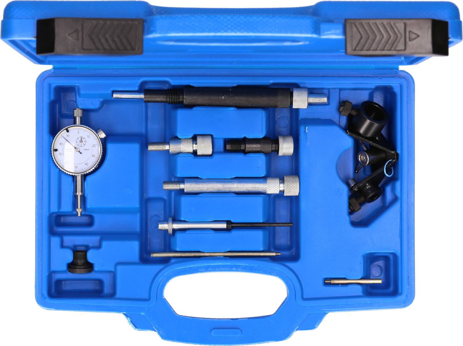 'Blue tool case with various precision tools, including a dial gauge and adapters, neatly arranged.'