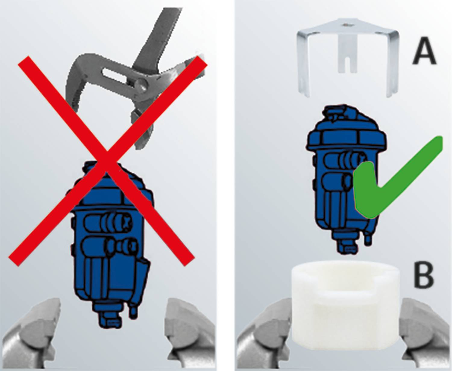 The image shows two instructions for removing a part. On the left, a pair of pliers is marked with a red X as incorrect. On the right, a specialist tool is shown with a green tick as correct.