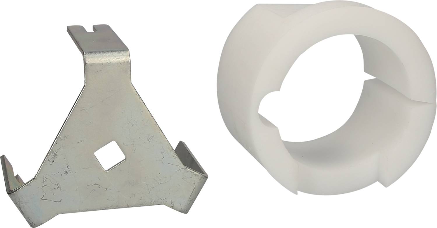Metal mounting bracket and white plastic bush: two vehicle components side by side. The bracket has a triangular shape with a square hole.