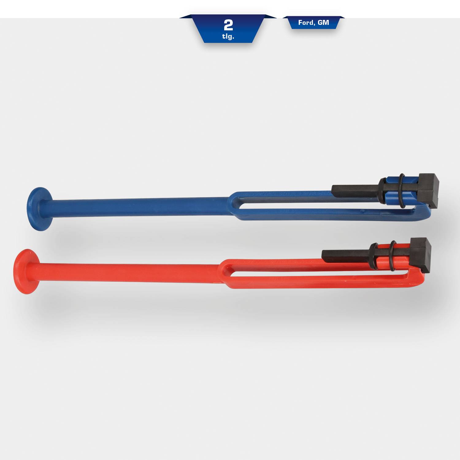 Two tow hooks, one blue and one red, lie side by side. They are designed for vehicle maintenance, specifically for Ford and GM.