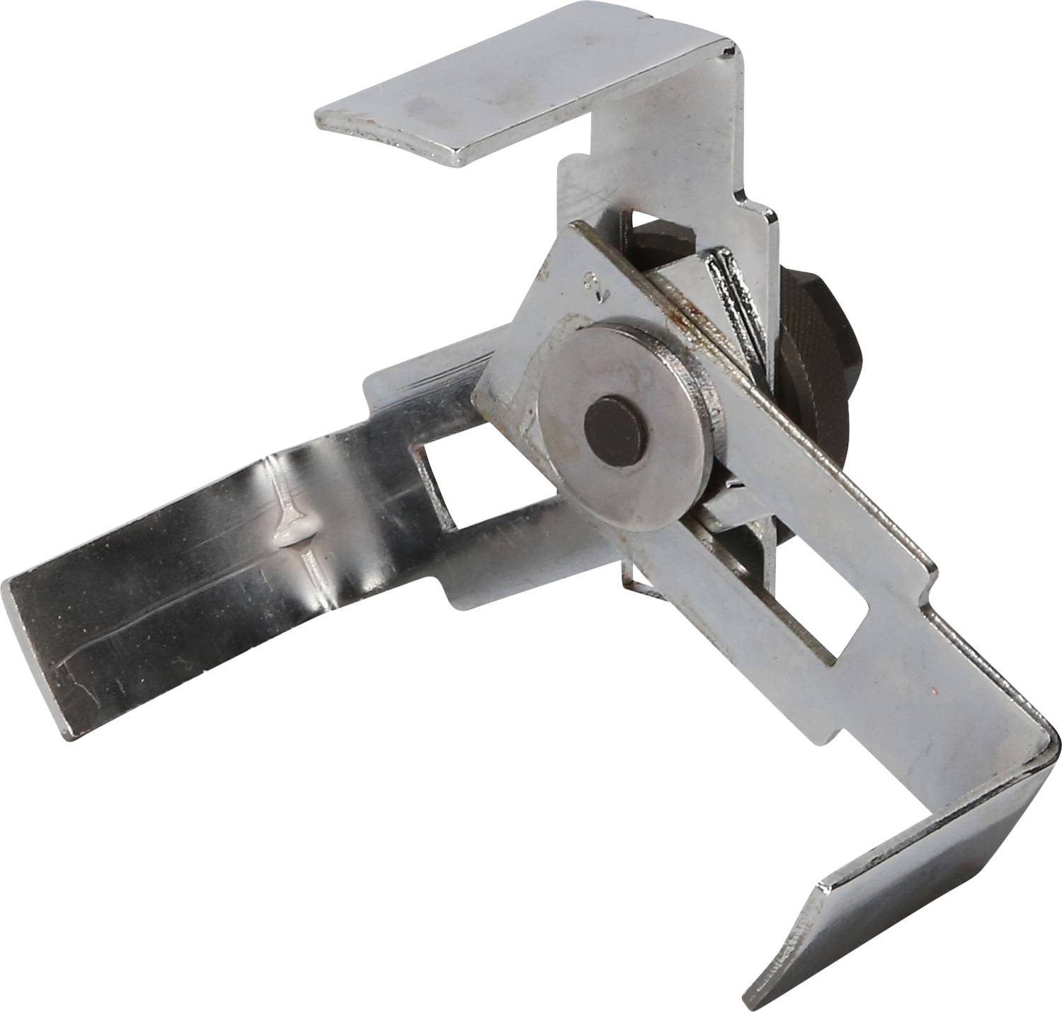 Metal clip used as a fastening part. It consists of curved arms and a central axis.