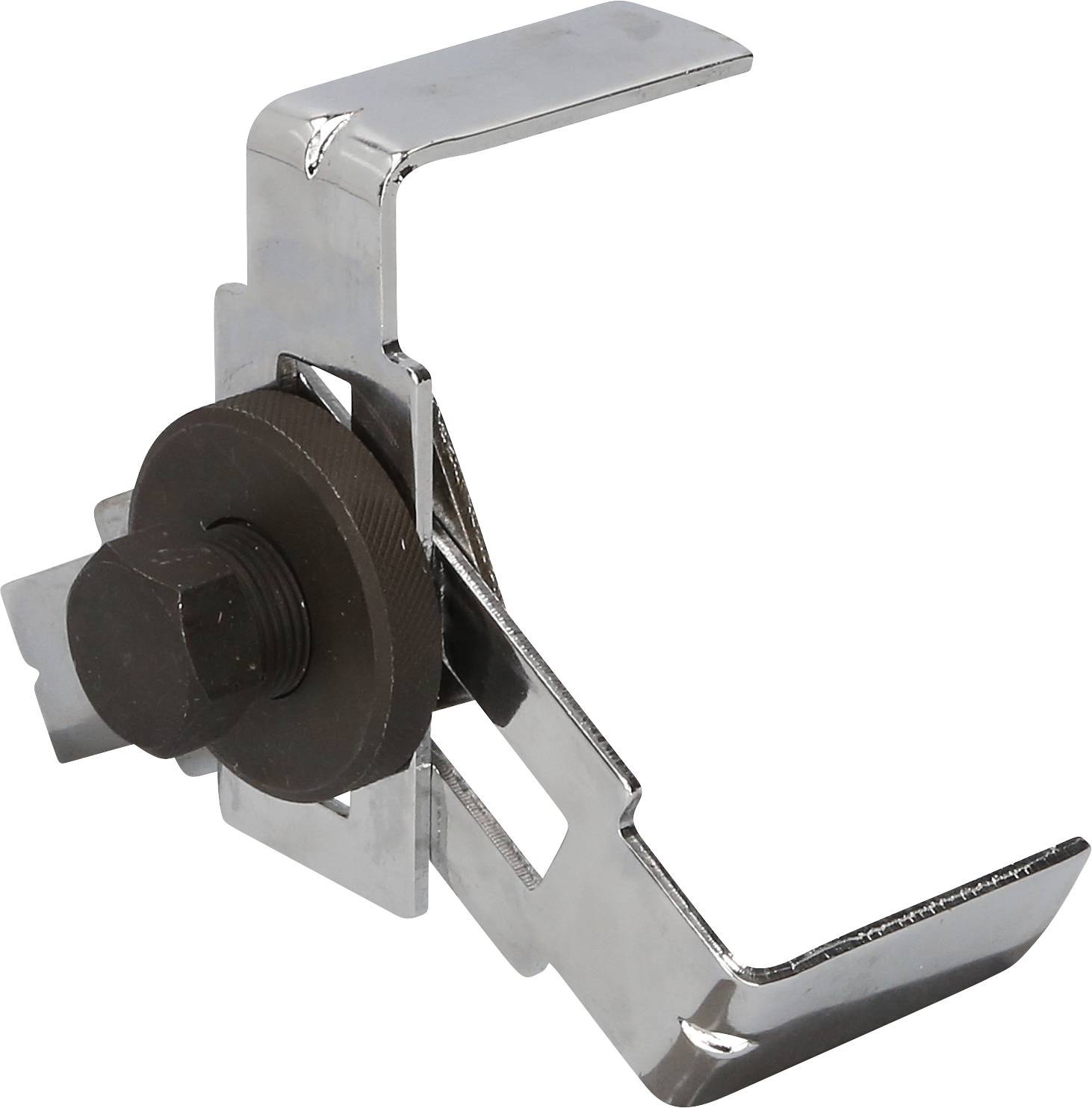 A metal oil filter remover with adjustable gripper and central screw mechanism, suitable for various filter sizes.