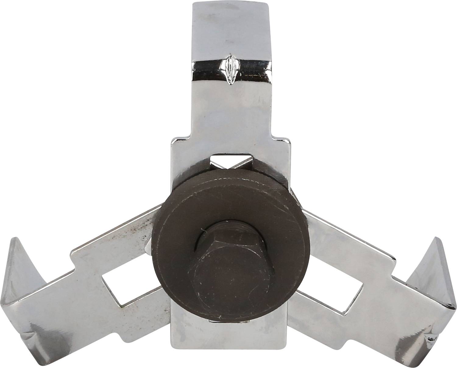 Metallic device with three claw-like arms and a central screw, presumably suitable for gripping or holding.