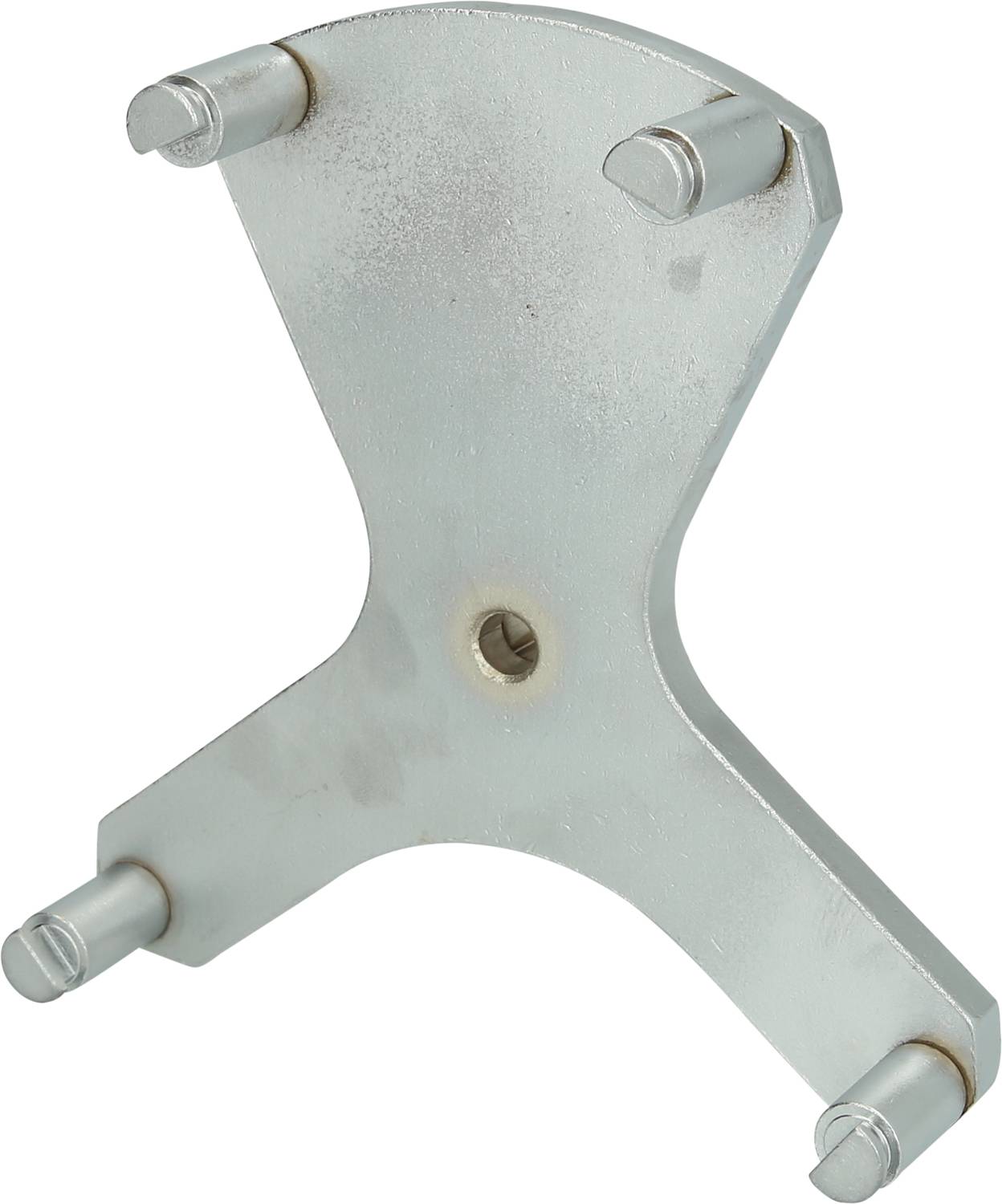 Metallic bracket with a cross-shaped structure and four protruding pins. Used for supporting or stabilising equipment.