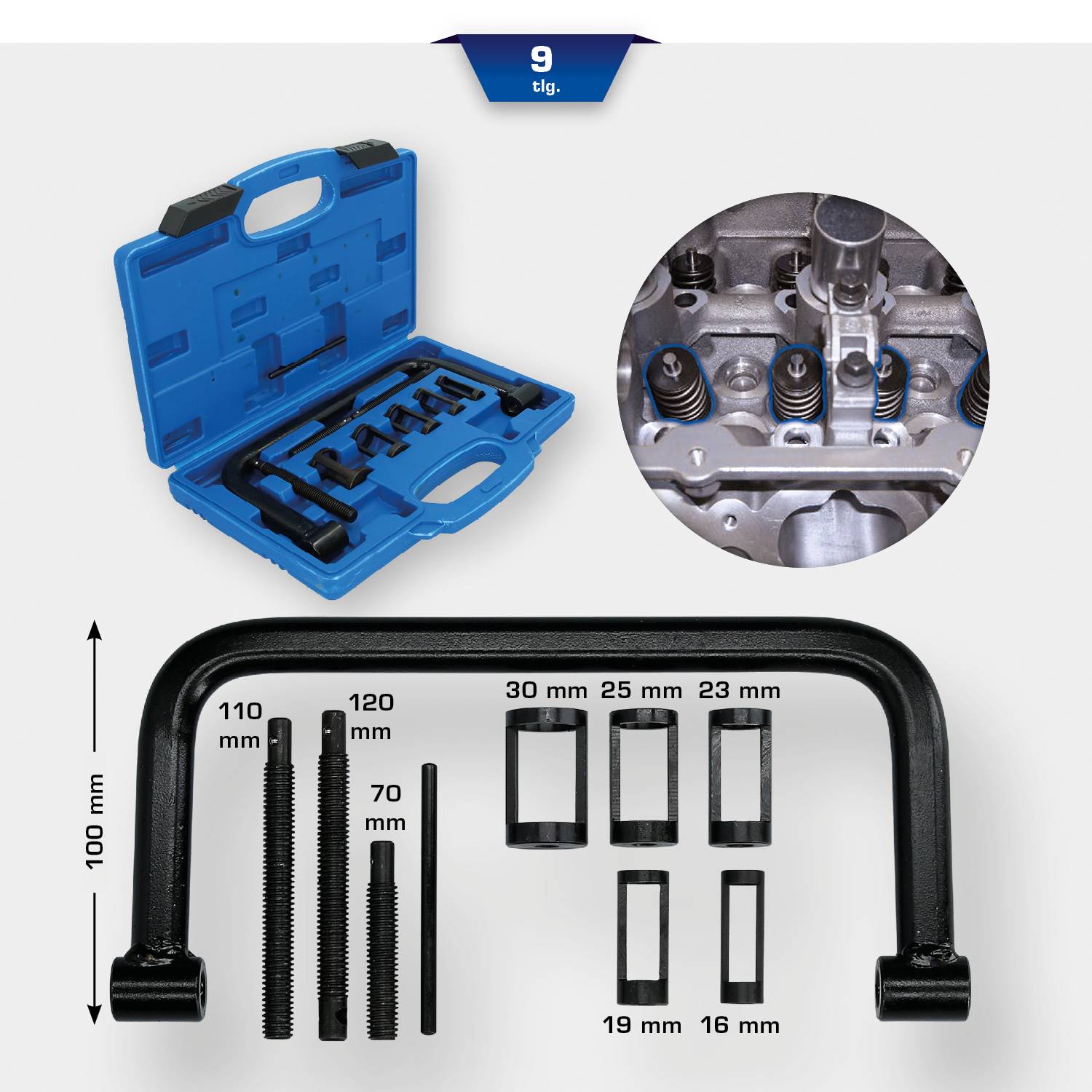 A set of valve adjustment tools in a blue case with various measuring instruments for precision work.