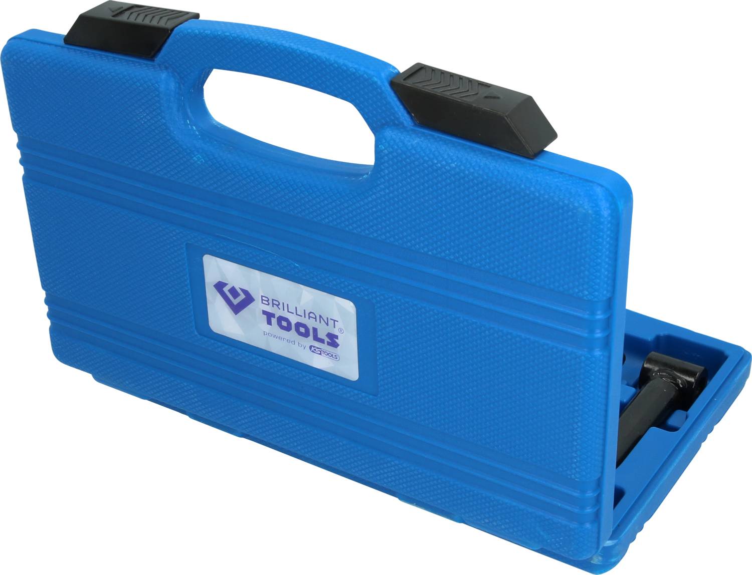 A blue plastic tool case with carry handle, partially open, with a label reading 'Brilliant Tools'.