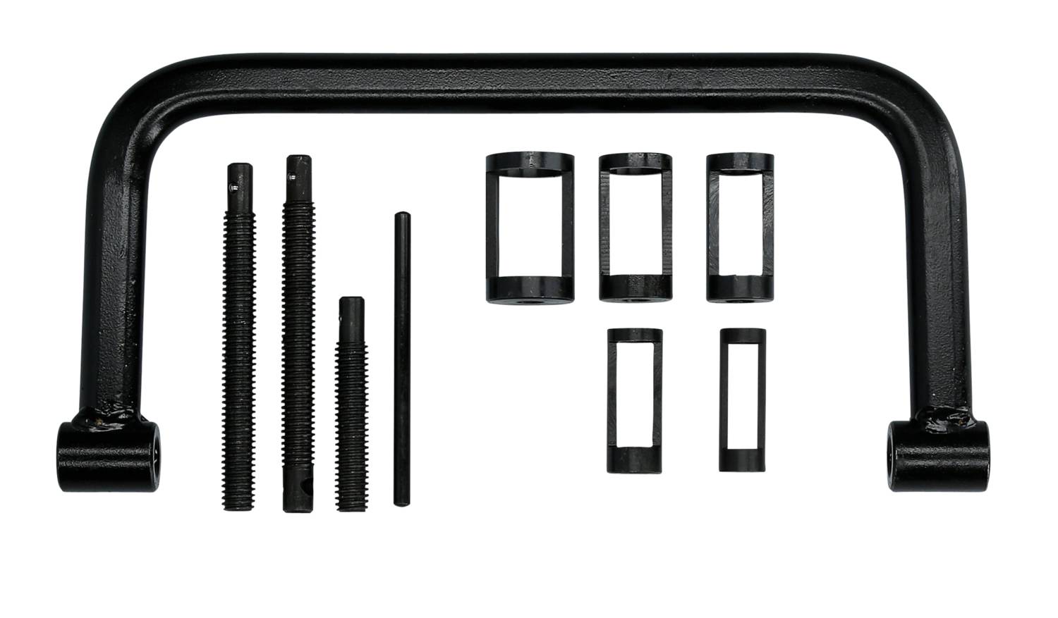 Metal handle and various cylindrical metal parts in different sizes, aligned on a white background.