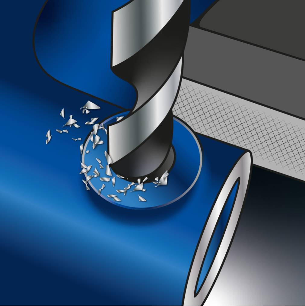 A drill processes a metal piece, generating metal shavings; symbolises industrial precision work.