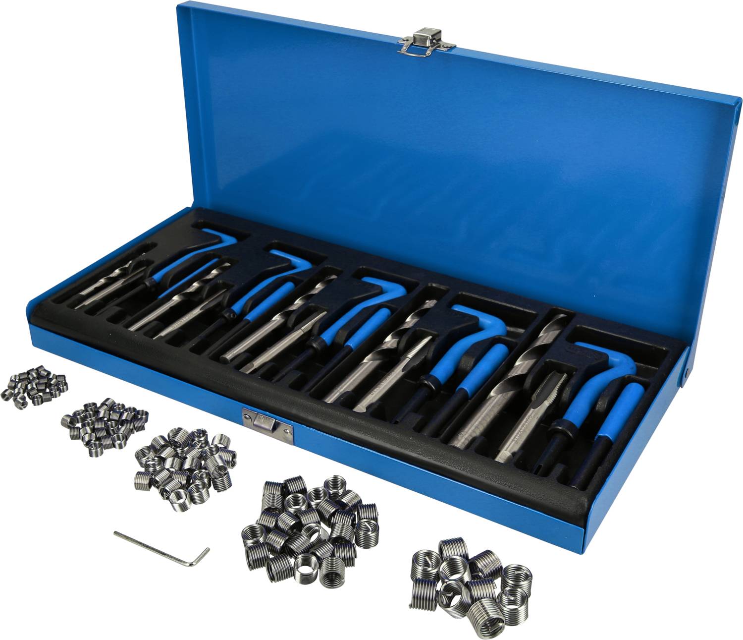An opened thread repair kit with tools of varying diameters and corresponding thread inserts in a blue box.