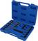 Drill bit set in a blue plastic case with multiple drill bit sizes. Case opened, showing the arrangement of tools.