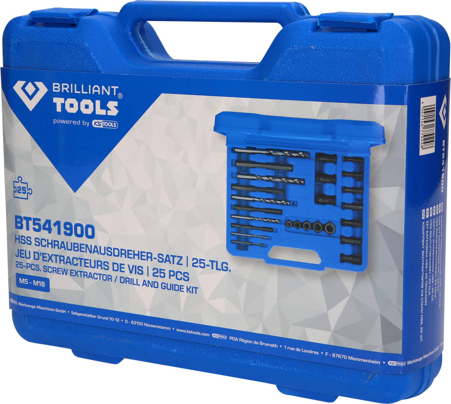 Blue tool case by 'Brilliant Tools' with 25-piece HSS screw extractor set. Includes various sizes from M5 to M16.