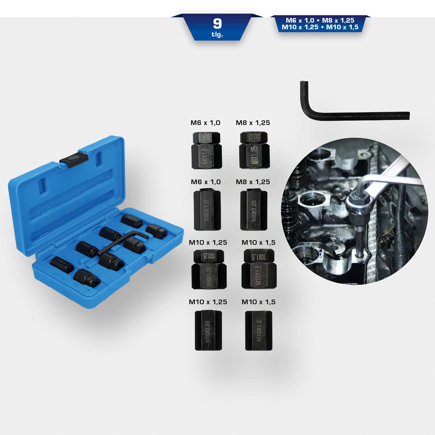 'Thread repair tool kit in blue box. Contains various sizes from M6 to M10. Photo shows tool in use.'