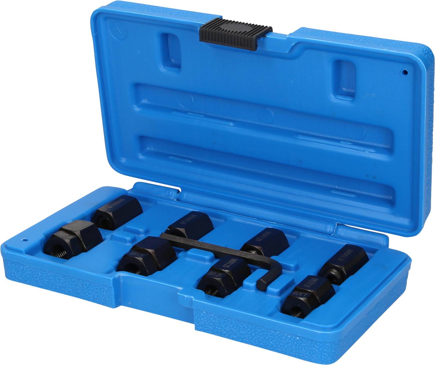 Blue plastic case with five black mechanical components, neatly arranged in the compartments, case open.