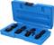 Blue plastic case with five black mechanical components, neatly arranged in the compartments, case open.