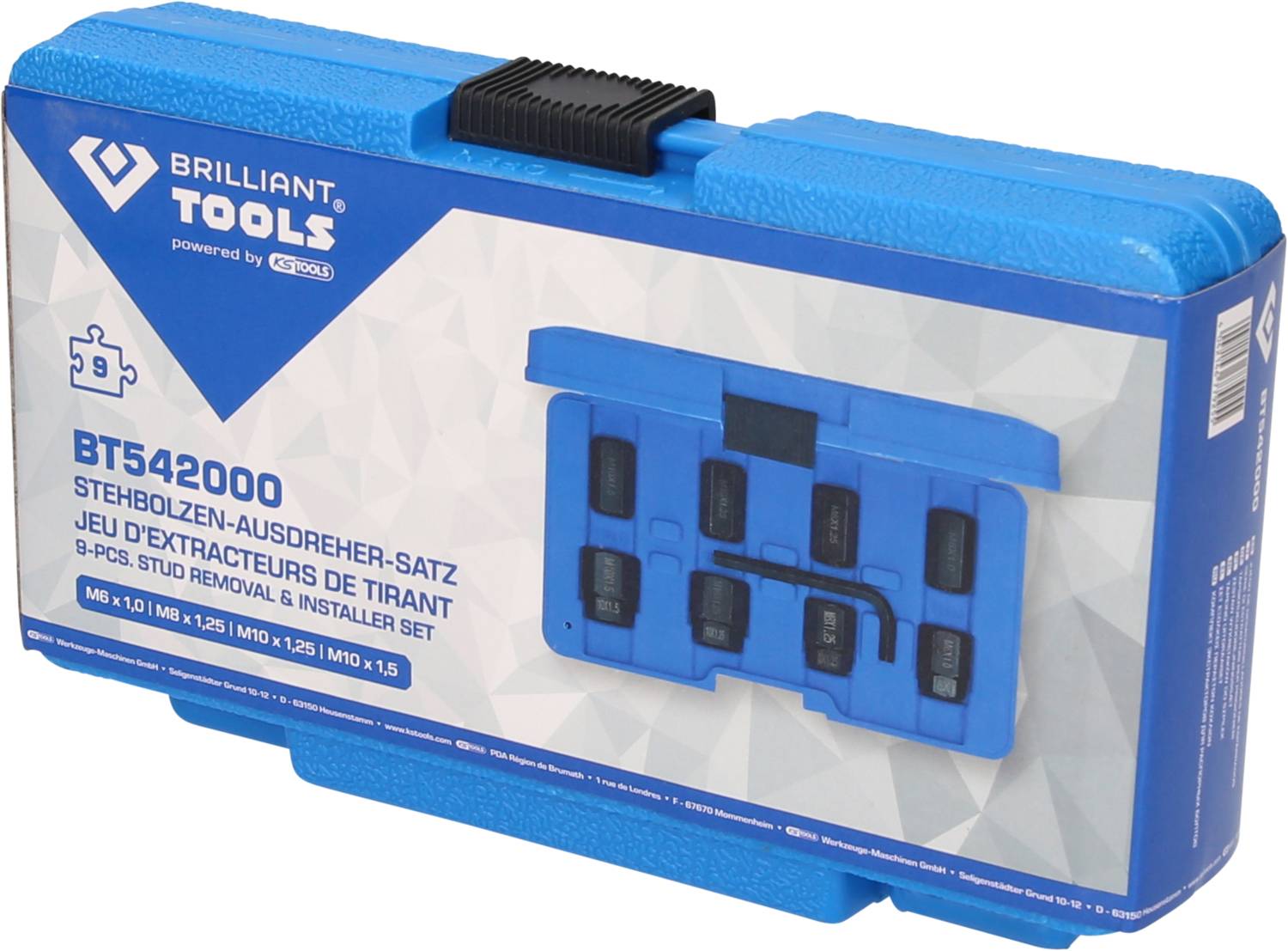 'Brilliant Tools' Stud Extractor Set BT542000 in blue plastic case, containing 8 pieces for removing studs.