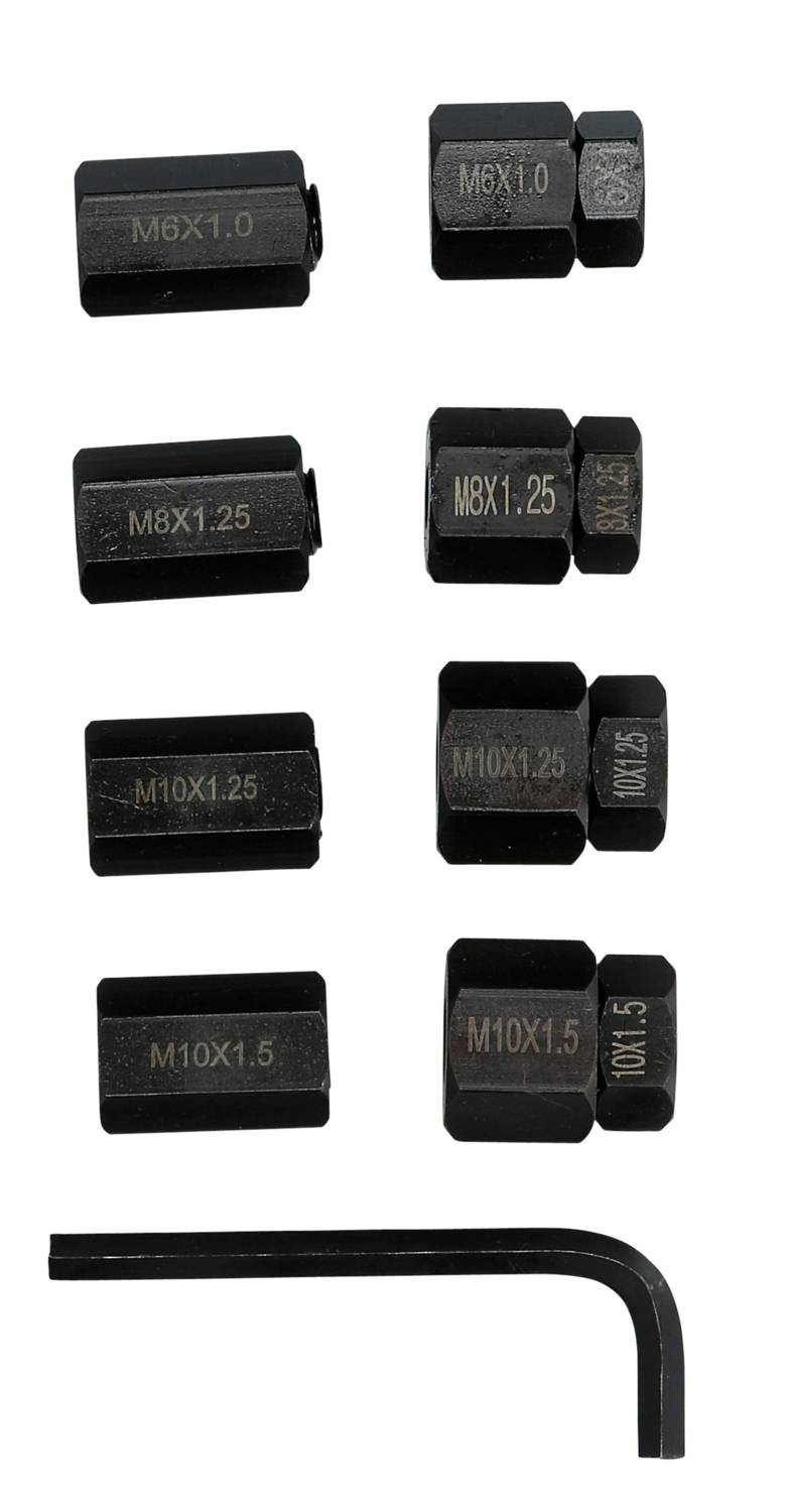 Set of nine black metal adapters with metric thread size markings, with an Allen key underneath.