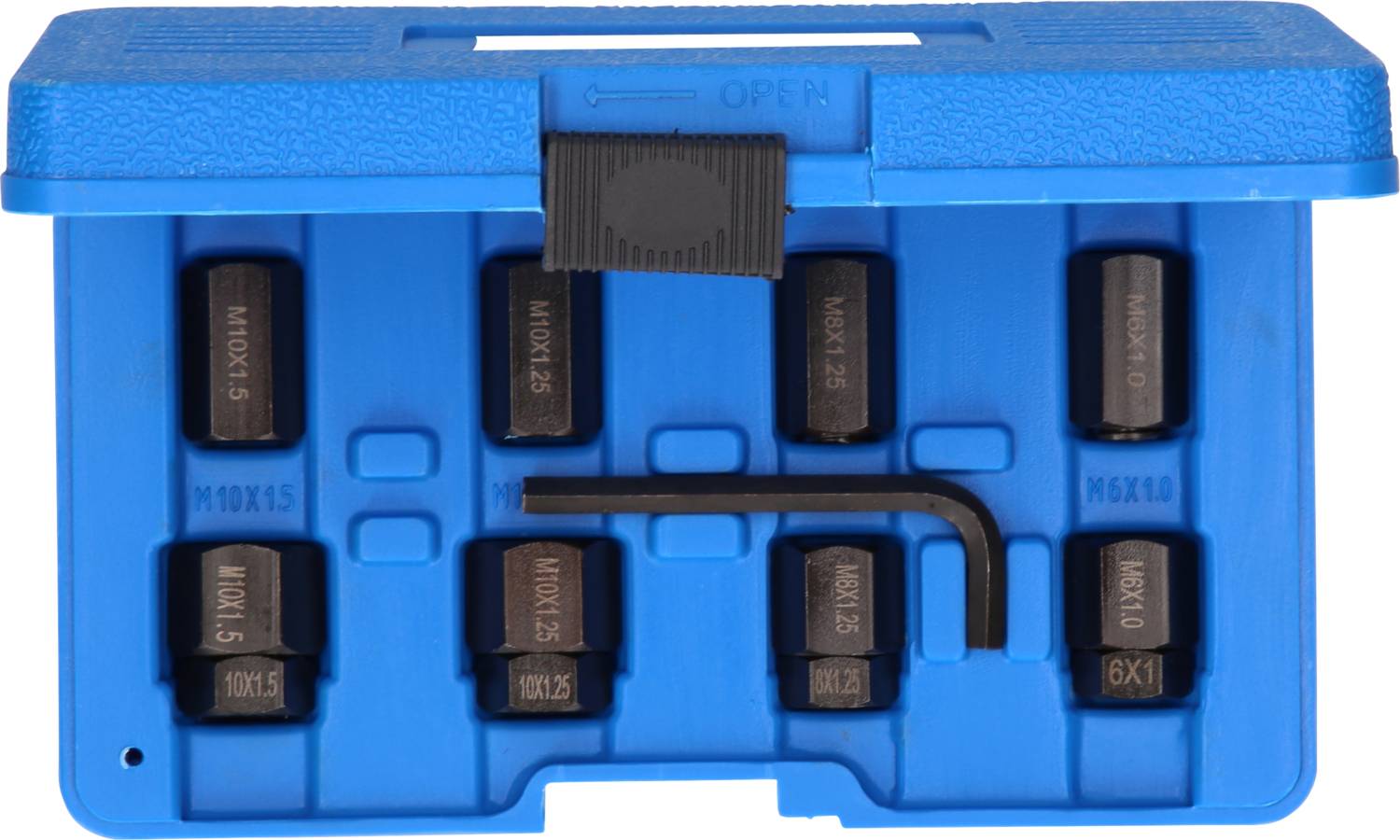 Blue toolbox with various screwdrivers in organised compartments and an Allen key.