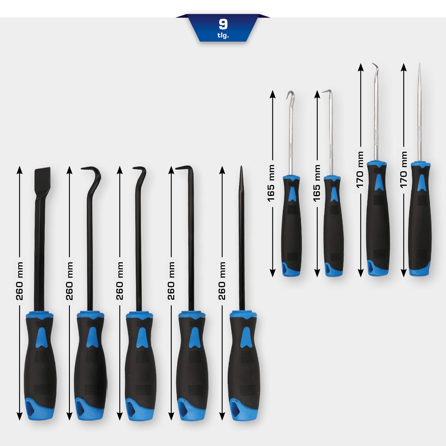 Nine-piece tool set with various handles and tips. Includes hooks, scrapers and screwdrivers with length specifications.