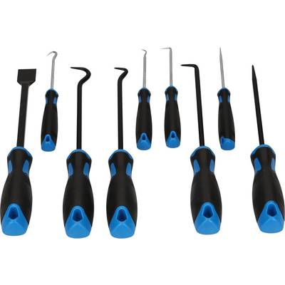 Set of ten hand tools with blue and black handles, including various hooks and scrapers, on a white background.