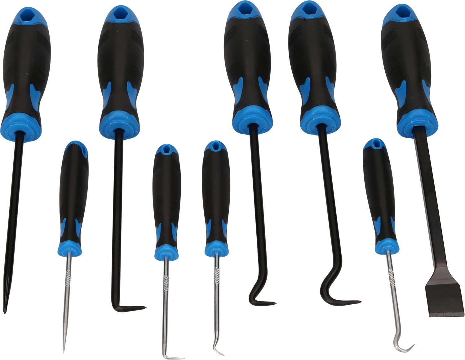 The image shows eight different tools with black handles and blue accents, primarily hooks and scrapers.