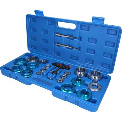 A blue toolbox with various metal rings and tools organised in specific compartments.