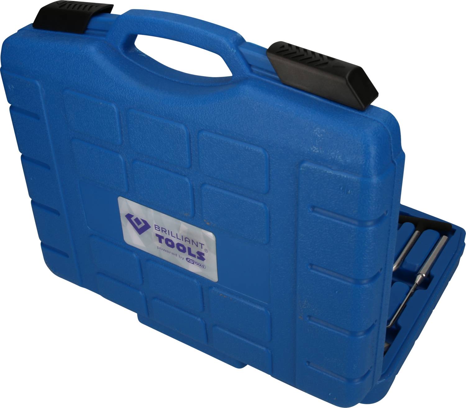Blue hard-shell case with black handle, containing tools. Label reads 'BRILLIANT TOOLS'.