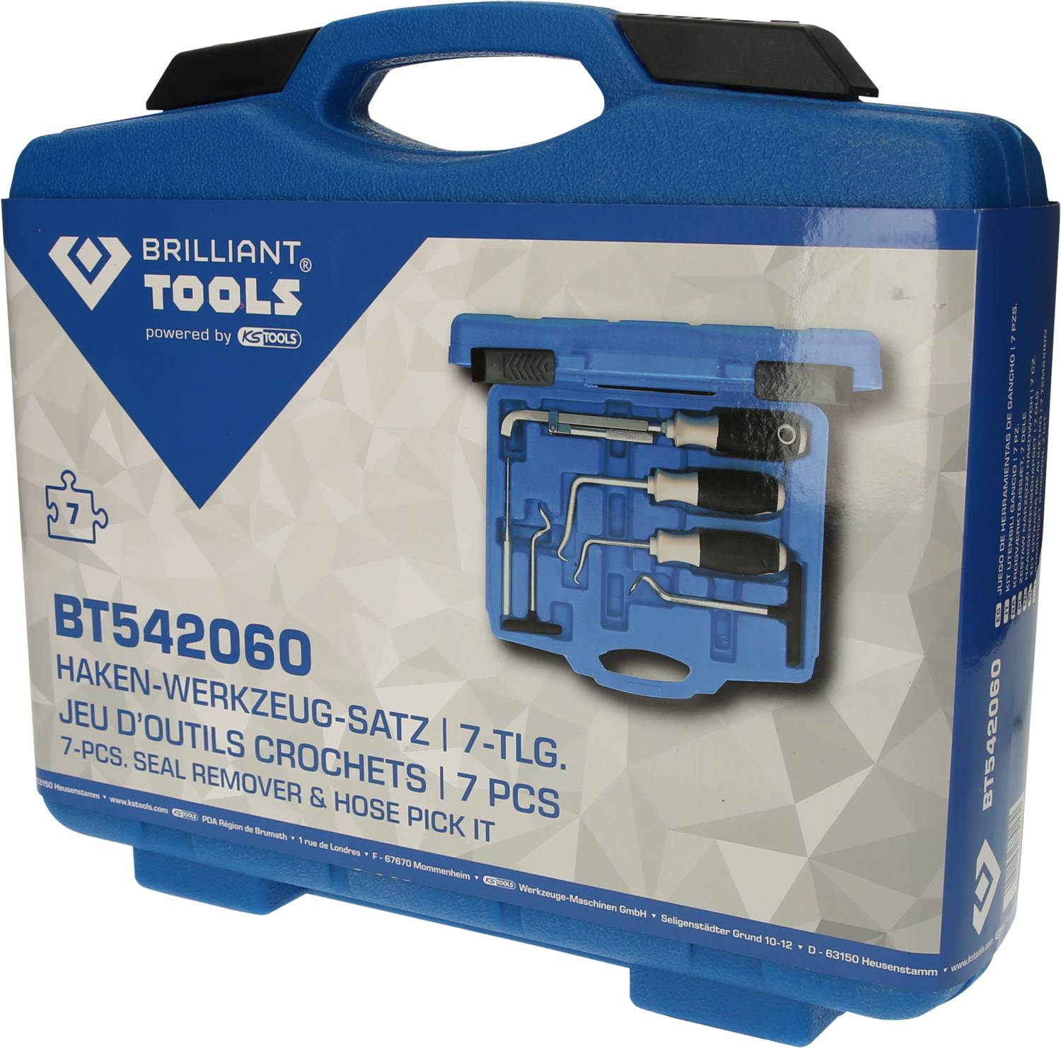 Blue tool case 'Brilliant Tools' with 7-piece hook set, pictured on the front of the case.