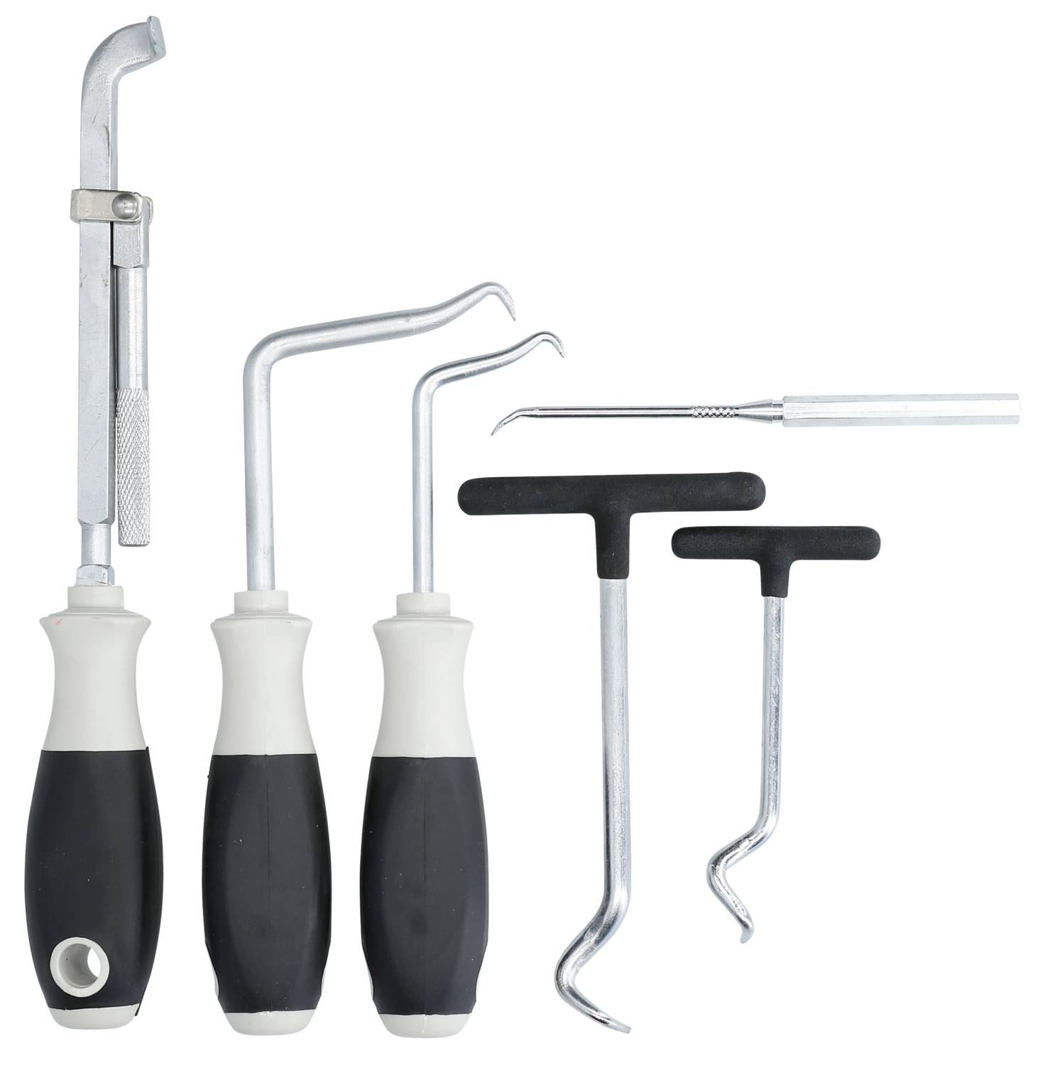 'Set of six different hook tools with handles and metal hooks, used for precision work or repairs.'