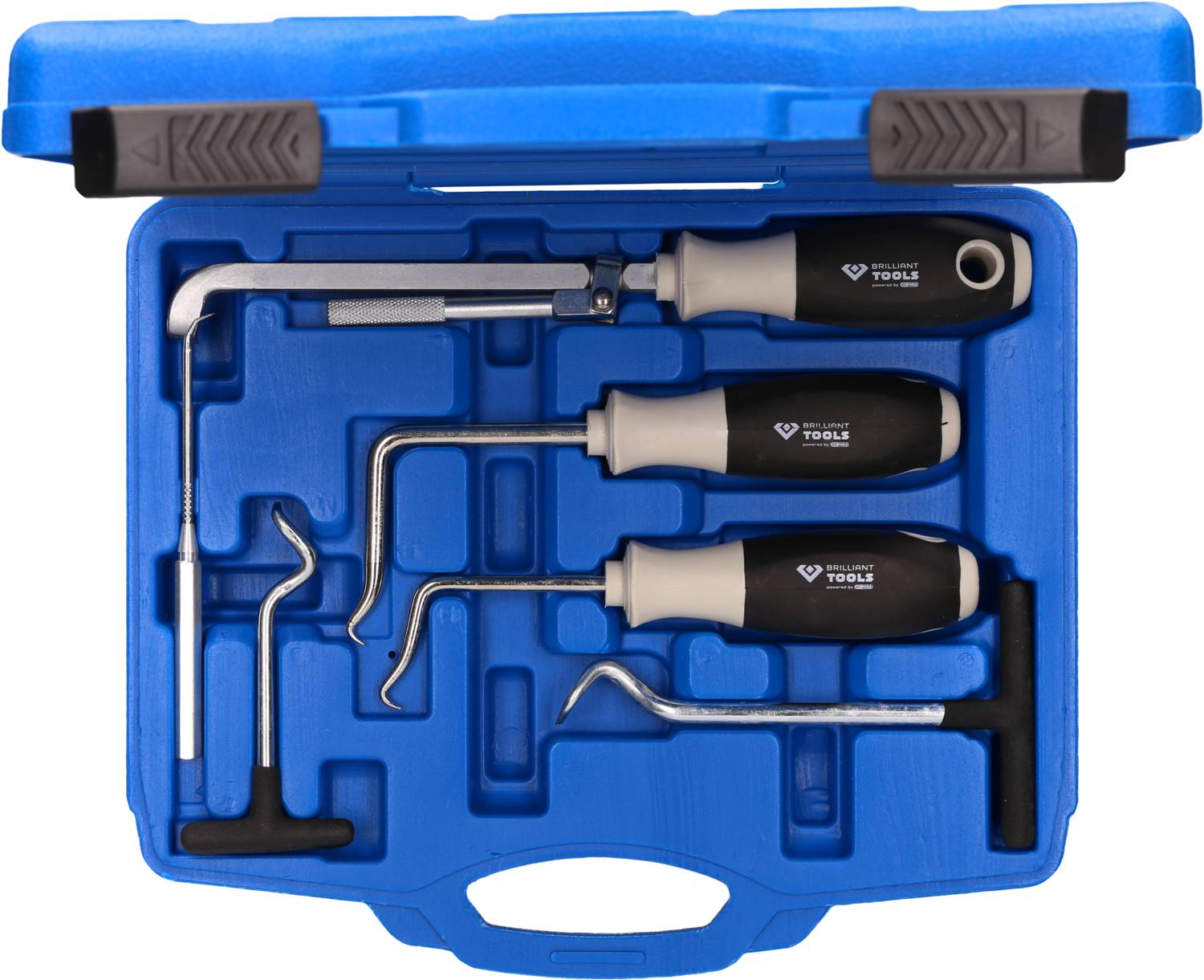 An open blue toolbox containing three screwdrivers and four hook tools, neatly arranged in matching compartments.