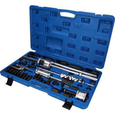 A blue toolbox, open, contains various tools and attachments, suitable for mechanical repairs and maintenance.