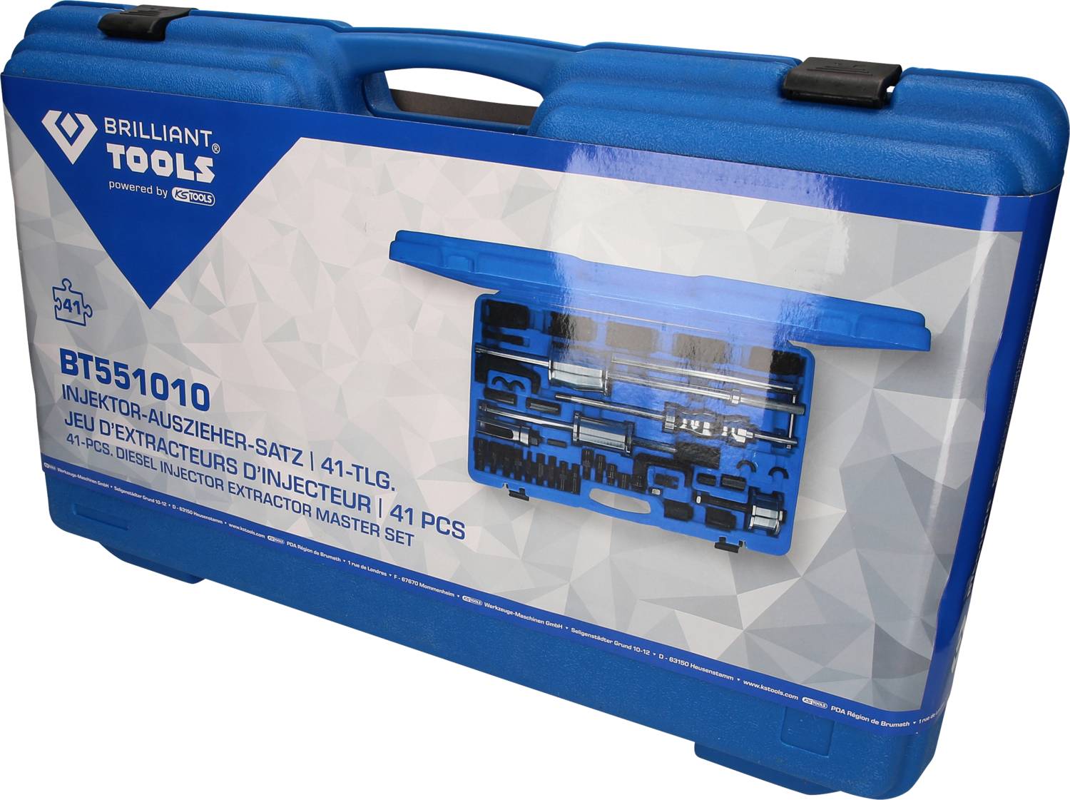 Blue tool case by the brand 'Brilliant Tools' with the inscription 'Injector Extractor Set 41-piece' and image of contents.