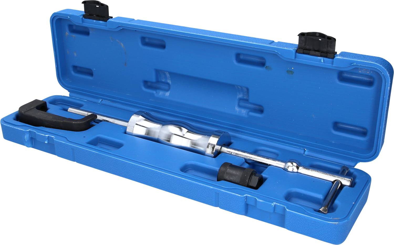 A blue suitcase with an integrated tool set, comprising a sledgehammer and various attachments.