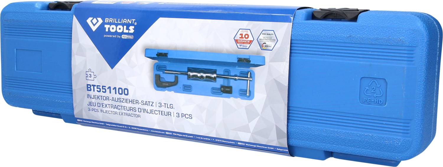 Blue case with the inscription 'Injector Extractor Set 3-piece' by Brilliant Tools, Model BT551100, robust and portable.