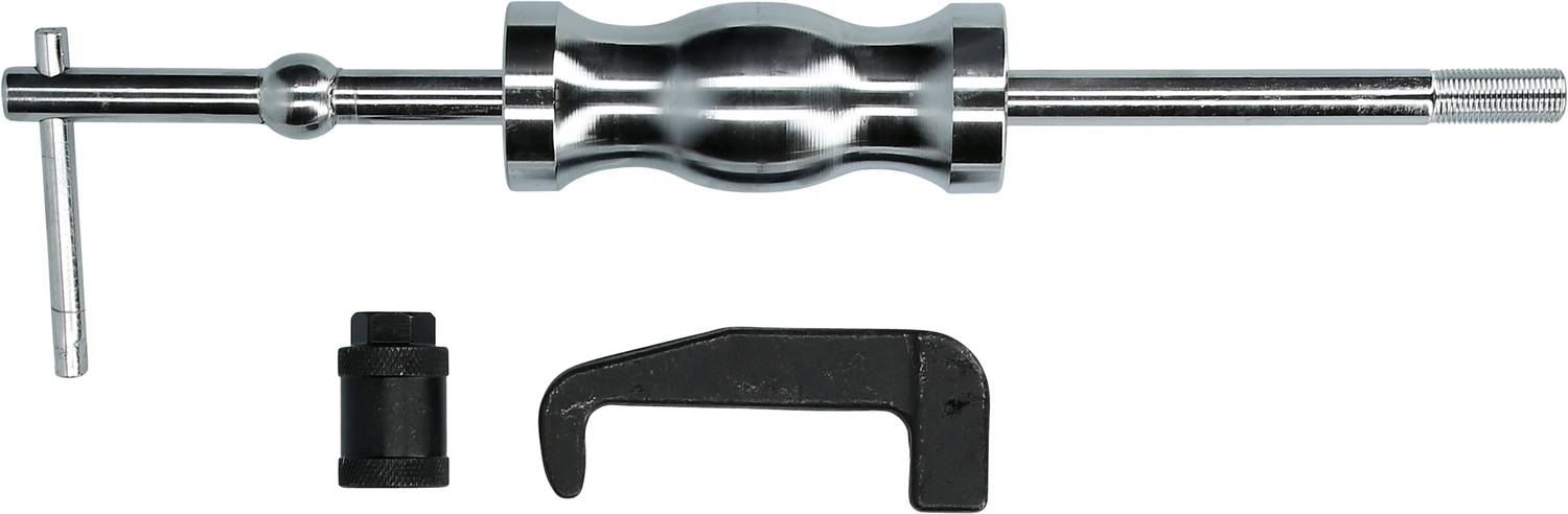 Pulling Hammer Set with a silver sliding hammer, black hook, and adapter, suitable for removing dents or bearings.
