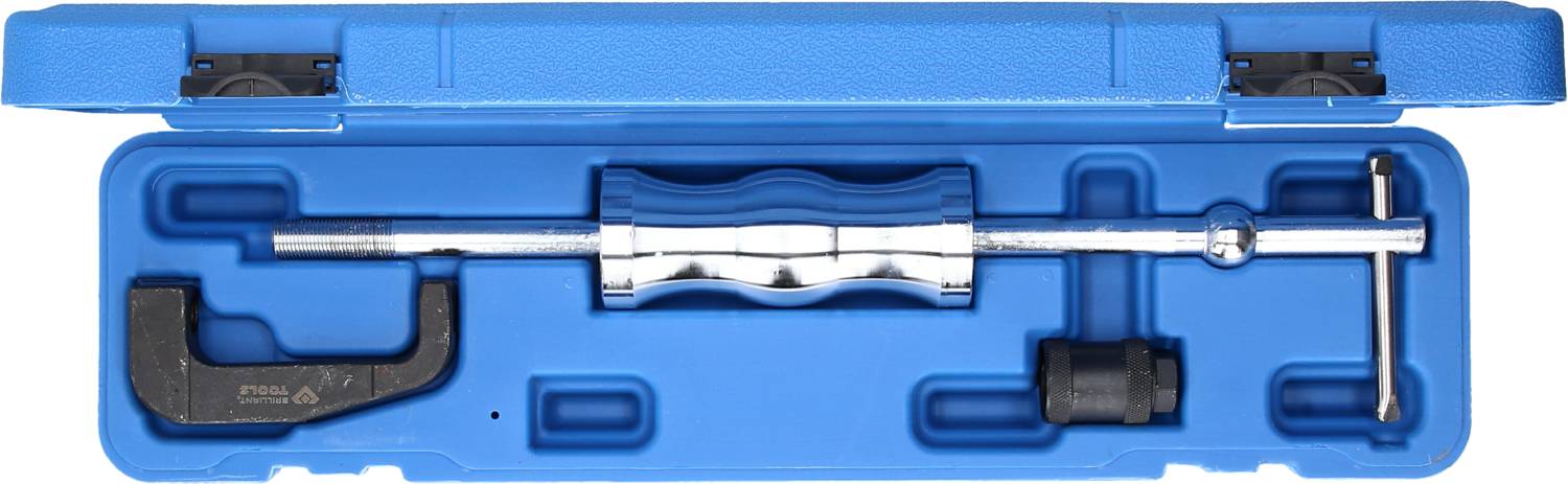 A tool set in a blue case, comprising a sliding hammer, a screw clamp, and an adapter, for car repairs.